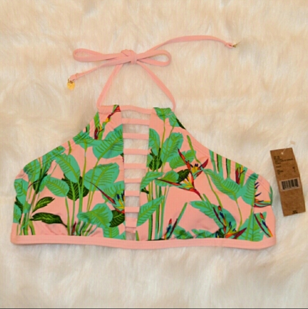 Peach Green High Neck Bikini Top NEW Medium
